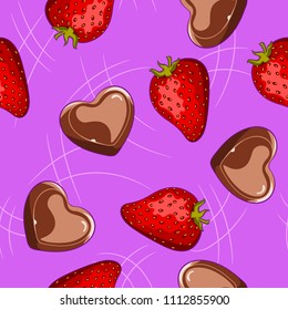 Strawberries and chocolate candies. Tasty and bright. The background is seamless