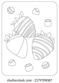 Strawberries in chocolate and candy. Coloring. Black and white image.