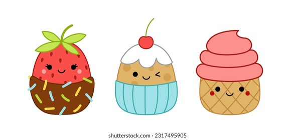 Strawberries in chocolate, cupcake, ice cream. Squishmallow.  Pillow. Kawaii, cartoon. Isolated vector illustration eps 10