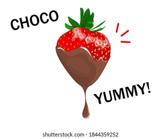 Strawberries and chocolate dipping on white background with text, close up hand drawing vector illustration.