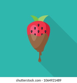 strawberries in chocolate flat icon with long shadow isolated on blue background. Simple strawberries and chocolate in flat style, vector illustration for web and mobile design.