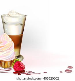 strawberries in chocolate realistic detailed vector illustration icon, with space for text, coffee latte cappuccino cream cake cupcake with cream cake
