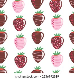 Strawberries in chocolate seamless pattern. Vector Illustration for backgrounds, covers and packaging. Image can be used for greeting card, poster, sticker and textile. Isolated on white background.