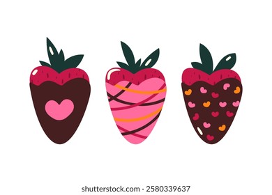 Strawberries in chocolate. Sweet dessert with chocolate glaze. Valentine's Day element. Vector illustration.