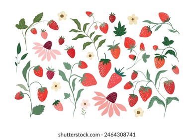 Strawberries collection with different fruits, summer composition, decorative design, elements isolated on white background