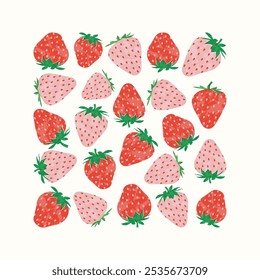 Strawberries colorful wallpaper print background. Fruit illustration isolated on background. Greeting card background with strawberries for your design