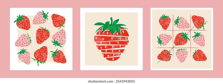 Strawberries colorful wallpaper prints background. Fruit illustrations isolated on background. Greeting cards background with strawberries for your design