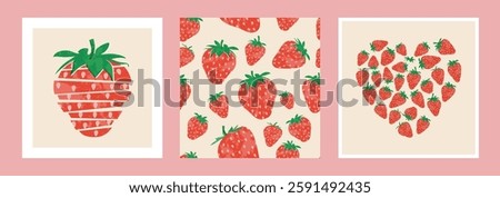 Strawberries colorful wallpaper prints background set. Fruit illustrations isolated on background. Greeting cards background with strawberries for your design.