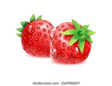 Strawberries composition with drops of water, isolated ripe berries with green leaves. Vector flat cartoon natural and organic food, realistic macro summer season fruit, juice, yogurt ingredient