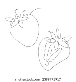 Strawberries in continuous line art drawing style. Half strawberry and whole strawberry minimalist black linear sketch isolated on white background. Vector illustration