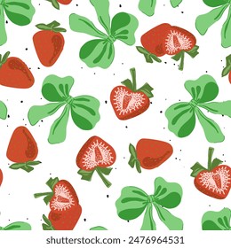 Fresas y coqueta cinta arco sin patrón. Dulce fresa, arco verde. Fondo de pantalla estético en estilo retro vintage de moda. Ilustración vectorial de dibujos animados de mano linda aislada en blanco