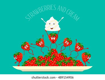 Strawberries and cream in cartoon style vector