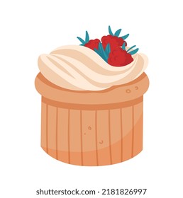 Strawberries with cream. Delicious and tasty but junk and unhealthy food. Set of sweets for tea or coffee. Stickers for social networks with berries and fruits. Cartoon flat vector illustration