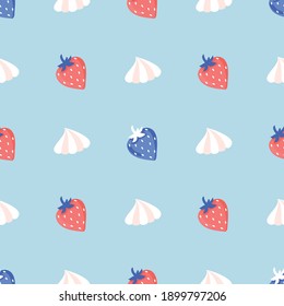 Fresas y crema en un fondo azul. Vector, patrón sin fisuras.