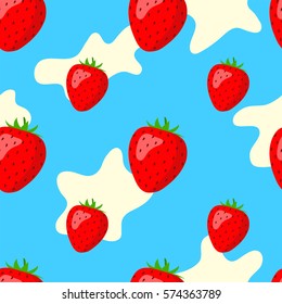 Strawberries and cream on a blue background. Seamless pattern. Vector illustration.