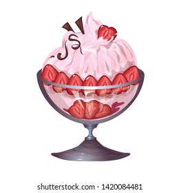 Strawberries with cream sundae. Fruit dessert in a glass fougere. isolated image. Vector graphics.