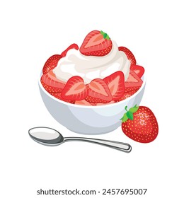 Erdbeeren und Sahne Vektorillustration isoliert auf einem weißen Hintergrund. Frische Erdbeeren mit Schlagsahne-Ikone-Vektorgrafik. Erdbeerdessert in Schüsselzeichnung. Vorlage für Hintergrund, Banner, Karte