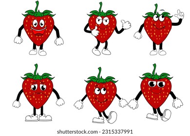 Strawberries. Cute fruit characters set isolated on white background elements. vector illustration.