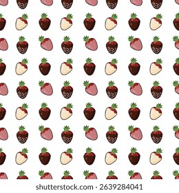 Strawberries in dark and white chocolate decorated with sugar sprinkles. Seamless pattern. Vector illustration.