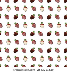 Morangos em chocolate preto e branco decorados com polvilhos de açúcar. Padrão contínuo. Ilustração vetorial.