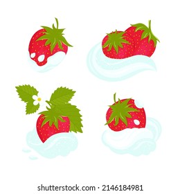Strawberries in a delicate cream. A color vector set in a flat style. Design elements