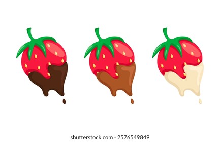 Strawberries dipped in chocolate. Vector of tasty strawberries in white, milk and dark chocolate. Sweet dessert illustration. Flat design isolated on white background