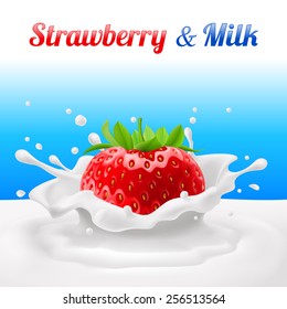 Strawberries dipped in milk with splashes. Drop and sweet, food and fresh and liquid