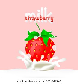 Strawberries dipped in milk with splashes. Drop and sweet, food and fresh and liquid. Vector illustration.