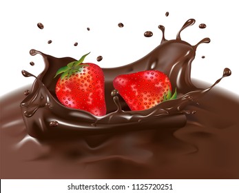 Strawberries dive into delicious chocolate liquid with splashes. Realistic 3D design.