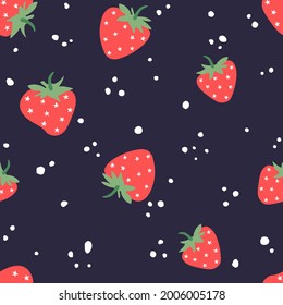 Erdbeeren mit Punkten und Sternen nahtloses Muster auf blauem Hintergrund. Gut für Textilien, Hintergrund.