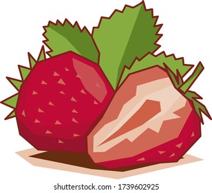 Fresas dibujadas en vectores con formas geométricas coloreadas en colores planos. Dibujo vectorial de fruta con campos de colores planos y geométricos.