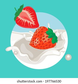 strawberries falling in cream splash flat design