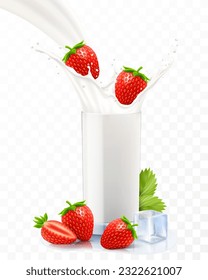 Strawberries falling in a glass of milk or yogurt. Sweet milk splashes. Fruit milkshake advertising banner, yogurt jet, flying drops, white drink in glass cup, Realistic 3d vector illustration, isolat