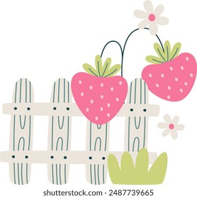 Strawberries And Fence Vector Illustration