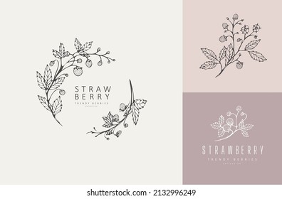 Strawberries Floral Branch Flowers And Logo Set. Hand Drawn Line Herb, Elegant Leaves For Invitation Save The Date Card. Botanical Rustic Trendy Greenery