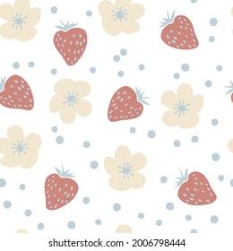 Strawberries, flowers and drops vector seamless pattern. Design for T-shirt, textile and prints. Hand drawn illustration for decor and design.
