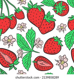 Strawberries with flowers and leaves seamless pattern. Colored berry background. Flower template and healthy organic food vector illustration