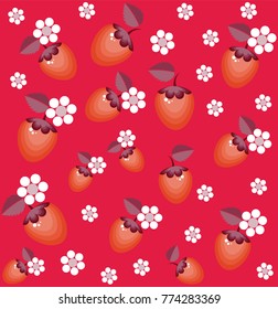 Strawberries and flowers on a red background, pattern