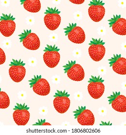 Strawberries with flowers pattern on pink background. Realistic vector illustration.