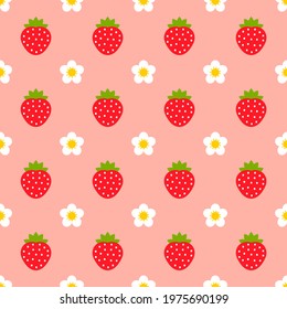 Strawberries and flowers pink seamless pattern. Vector illustration.