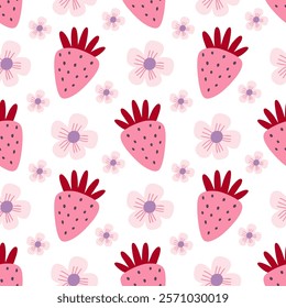 Strawberries and flowers, Scandinavian style, ideal for fabric, wrapping paper, textiles, children's bedding, wallpaper, pajamas.