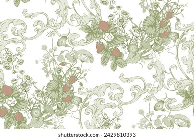 Strawberries and flowers. Seamless pattern. Suitable for fabric, mural, wrapping paper and the like.