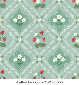 Strawberries and flowers seamless pattern, vintage spring and summer wallpaper, charming background