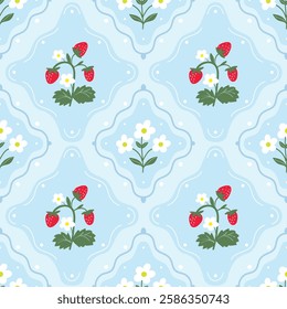 Strawberries and flowers seamless pattern, vintage spring and summer wallpaper, charming background