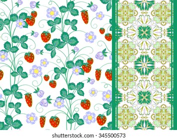 Strawberries and flowers,  wrapping, seamless pattern, leaf background. Vector illustration