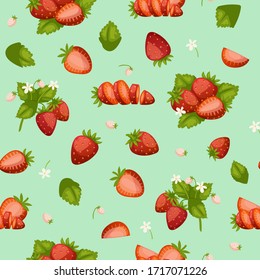Strawberries fresh red berries and leaves background cartoon seamless vector pattern illustration. Summer sweet fruity and strawberries wrapping or textile.