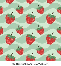 Strawberries Fruit Seamless Pattern. Pattern of strawberries on a green background. The strawberries are drawn in a stylized way, with wavy geometric background