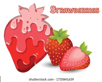 Strawberries fruit silhouette template melted flowing consisting of dark tasty sweet liquid. Abstract background. Vector illustration
