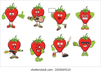 Strawberries Fruite expression vector pack,Funny cartoon fruits face, Summer fruit characters vector pack isolated on white.