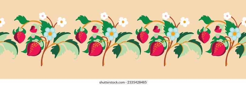 Strawberries with fruits and flowers on a colored background . Vector illustration for banners, postcards, flyers, wallpapers for social networks, textiles, tablecloths. Floral ornamental pattern.